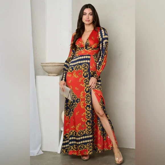 164 Women’s Long Sleeve V Neck Print Maxi Dress - Picture 2 of 5